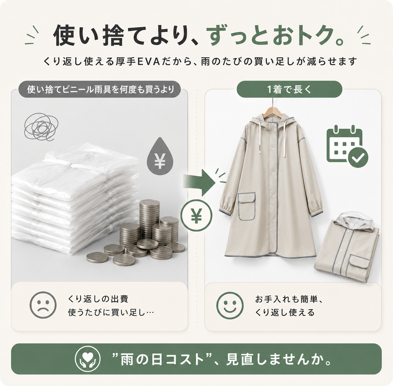 【本日終了⏰】【雨の日の通勤・通学に】ロング丈レインコート｜透明ダブルつば付き・男女兼用【全国送料無料🚚】