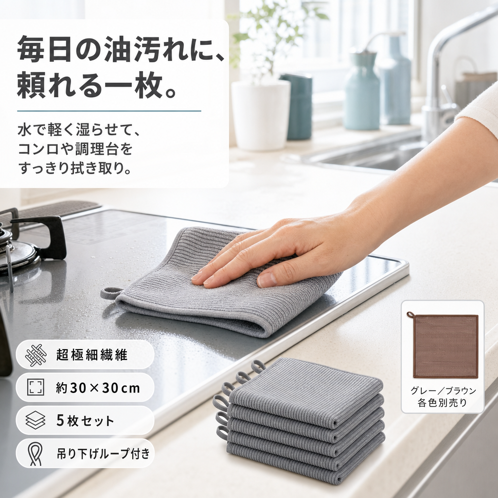 【全国送料無料🚗】キッチンクロス5枚セット 吸水 水拭き・乾拭き対応 吊り下げループ付き