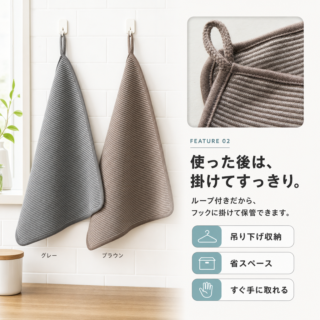 【全国送料無料🚗】キッチンクロス5枚セット 吸水 水拭き・乾拭き対応 吊り下げループ付き